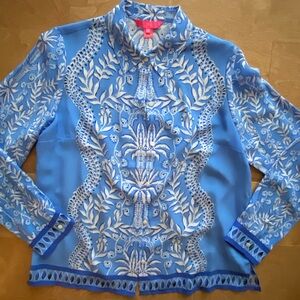 Lilly Pulitzer Blue and White Silk Floral Blouse